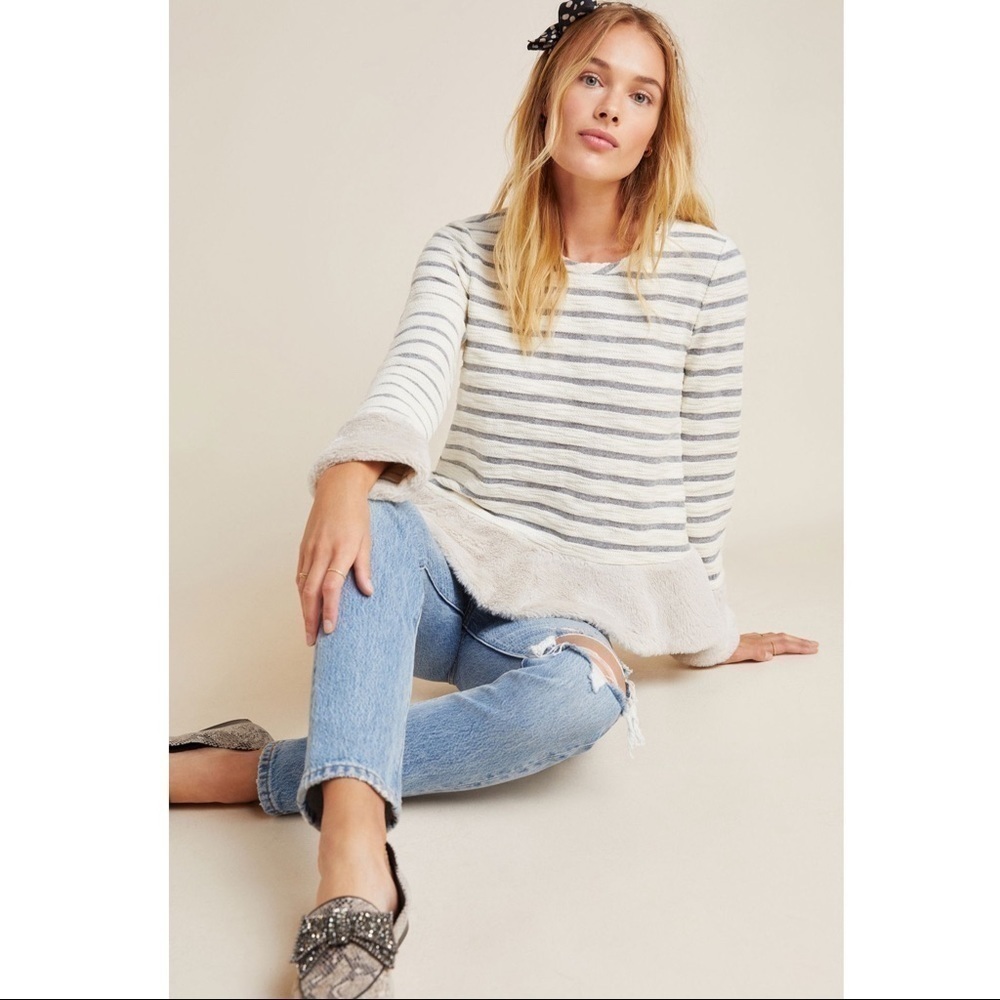 Anthropologie Maeve Astor Fur-Trimmed Pullover Stripe Size X-Small